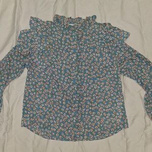 Chic Floral Ruffle Blouse - Blue